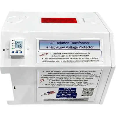 AE Isolation Transformer plus High/Low Voltage Protector and Soft Start, 12KW or 15KVA, PRI or Input 240V, SEC or Output 120/240V, 50A 60Hz, Single phase