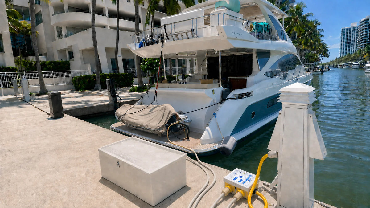 Ae Splitter feeding 2 50A shore cords in a Miami marina
