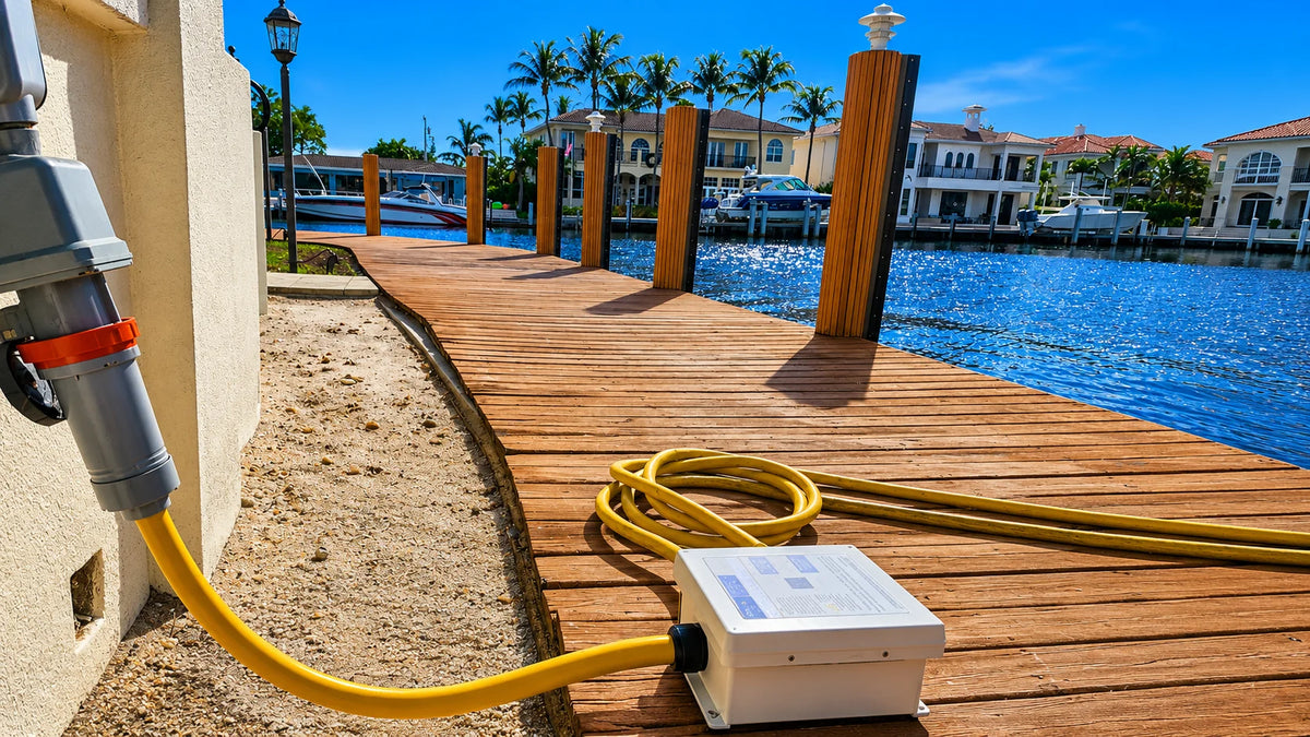 Ae Splitter 100A Box gives power to 2 shore cords at house dock