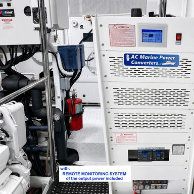 Marine Frequency and Voltage Converter 6KW to 25KW with Remote Monitoring System, Input any between 190 and 500VAC, 50 or 60Hz, Output 220-230VAC 50Hz or Single phase 120/240VAC 60Hz MOD 501XX
