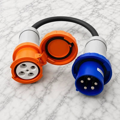 Adapter or Pigtail, Plug 208V 100 Amp 3-Phase Male 5pin to Connector 125/250V 100A 1-Phase Female 4pin (240V), IP67, IEC60309 Watertight Weatherproof