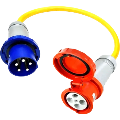 Adapter or Pigtail, Plug 208V 100 Amp 3-Phase Male 5pin to Connector 125/250V 100A 1-Phase Female 4pin (240V), IP67, IEC60309 Watertight Weatherproof