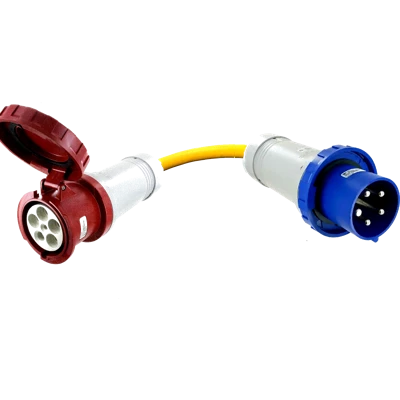 Adapter or Pigtail, Plug 208V 100 Amp 3-Phase Male 5pin to Connector 380V 100A 3-Phase Female 5pin, IP67, IEC60309 Watertight Weatherproof