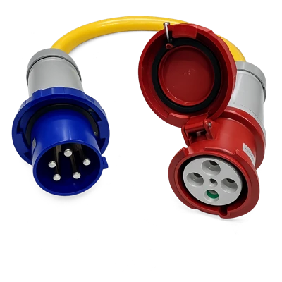 Adapter or Pigtail, Plug 208V 100 Amp 3-Phase Male 5pin to Connector 480V 100Amp 3-Phase Female 4pin, IP67, IEC60309 Watertight Weatherproof