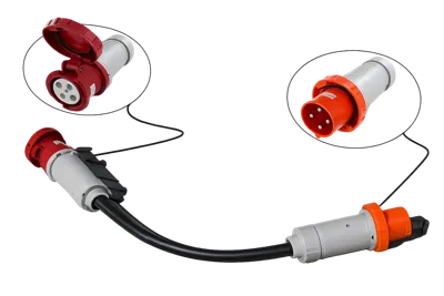Adapter or Pigtail, Plug 240V (125/250V) 100 Amp 1-Phase Male 4pin to Connector 480V 100A 3-Phase Female 4pin, IP67, IEC60309 Watertight Weatherproof