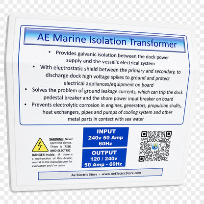 AE Marine Isolation Transformer 12KW or 15KVA, PRI or Input 240V, SEC or Output 120/240V, 50A 60Hz, Single phase