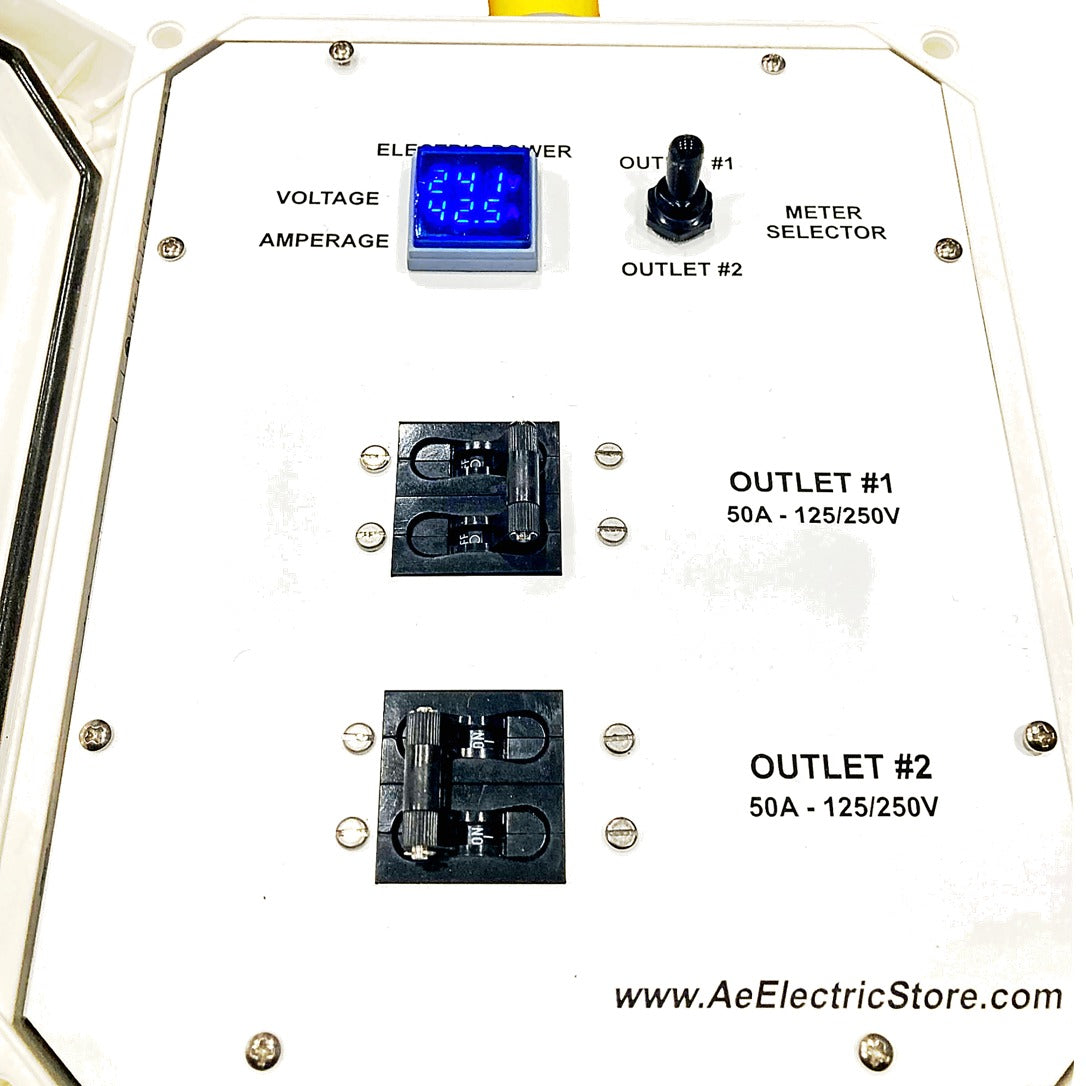 Ae SPLITTER Box, Input 100A 125/250V to two 50A 125/250V (240/120v) with Voltmeter and Ammeter built-in MOD 10200