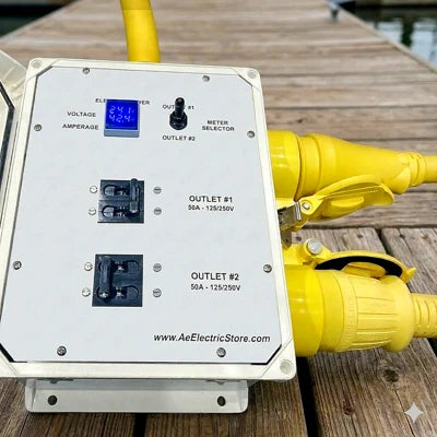 Ae SPLITTER Box, Input 100A 125/250V to two 50A 125/250V (240/120v) with Voltmeter and Ammeter built-in MOD 10200